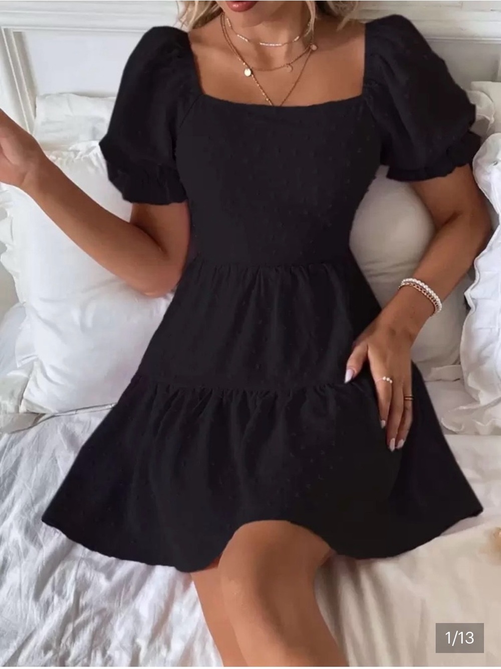SHEIN Black Swiss Dot Puff Sleeve Open Back Mini Dress L